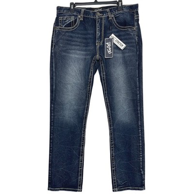 NEW True Luck Straight Leg Jeans 36x32 Stretch Dark Wash Jeans Y2K Whiskering