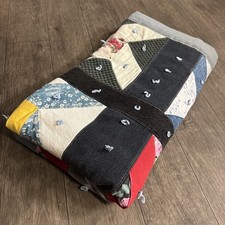 Handmade Patchwork Quilt Flower Denim Blue Red Yellow Throw Blanket 48x43