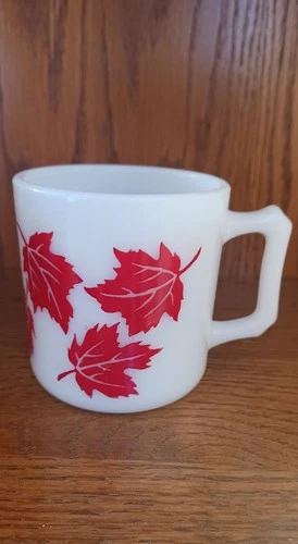 Vintage Hazel Atlas Milk Glass Mug With Red Autumn Leaves