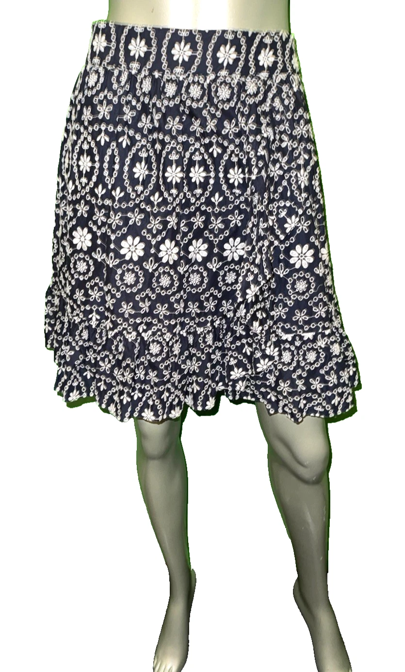 KATE SPADE NEW Shore Thing Navy/White Faux-Wrap Lined Boho Ruffle Skirt sz 14