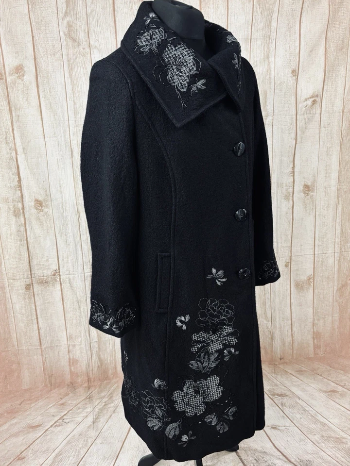 Ann Harvey Black Coat Size 20 Overcoat Boiled Wool Floral Beaded Embroidered NEW - Image 2 of 4