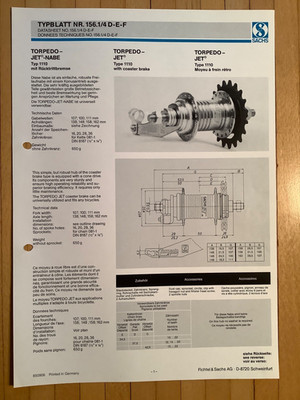 Fichtel und Sachs Typenblatt Nr. 156.1/4 D E F Torpedo Jet Nabe