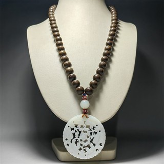 Chinese Export Agarwood Baeds Necklace w/ Jade Pendant