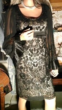 SUE WONG FAB sz 4  Black Lace Beige Satin Sheath Dress Evening Party Wedding 