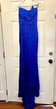 Ravella Royal Blue A-Line Rhinestone Spaghetti Straps Beading Sweep Train Satin