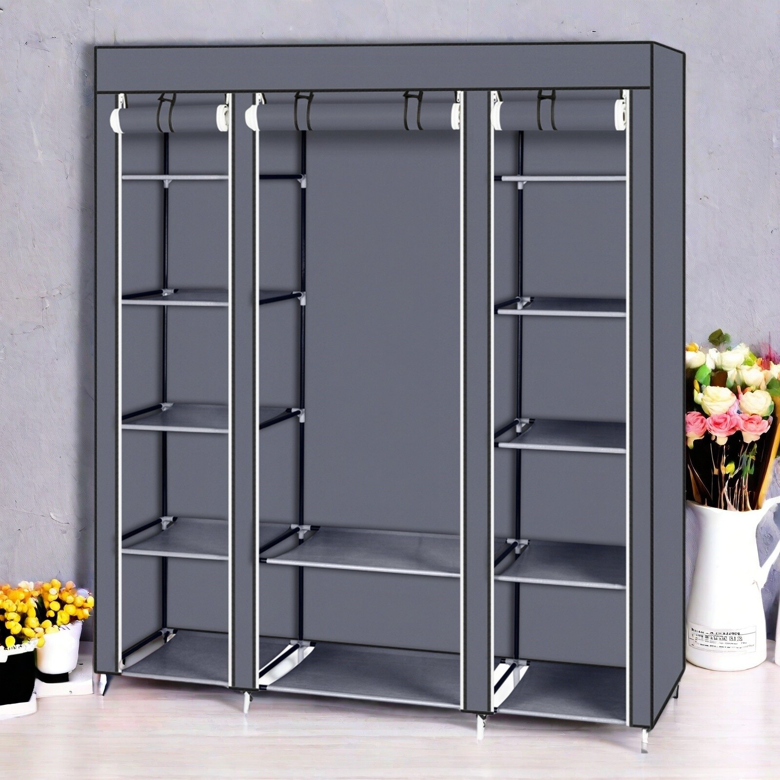 5-Tier Portable Wardrobe Closet - Gray, Non-woven Fabric,12-Cube & Roll-Up Door