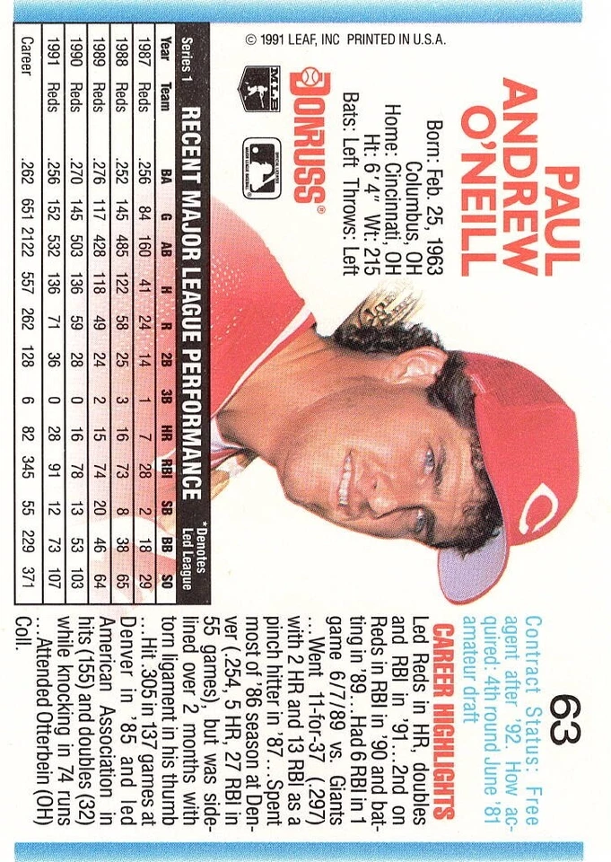 *ERROR* #63 Paul O'Neill - 1992 Donruss Baseball - No dot after inc (MINT) - Image 2 of 2