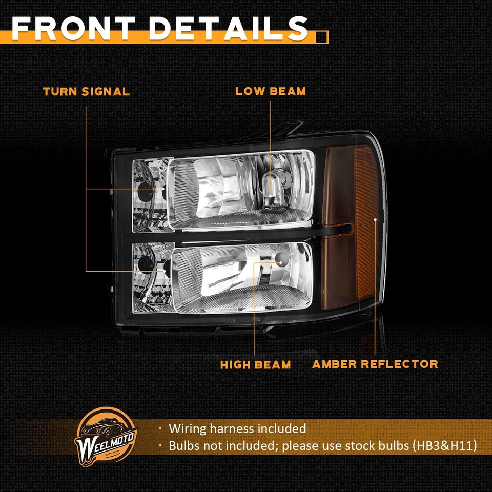 WEELMOTO Pair Headlights For 2007-2013 GMC Sierra 1500 2500HD 3500HD Headlamps - Image 4 of 4