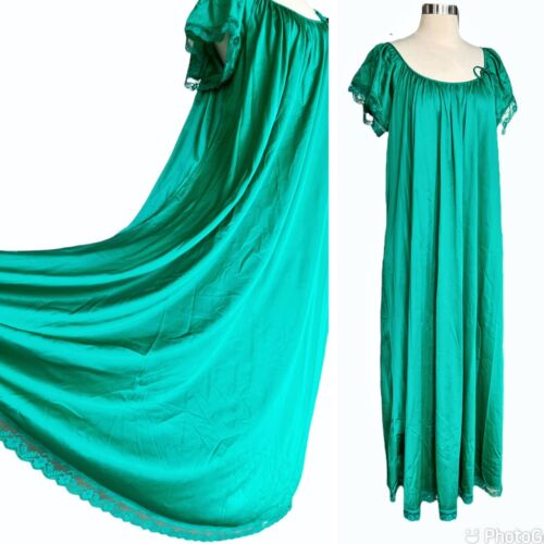 Vintage 70s 80s Henson Kickernick Long Green Nylon Lace Maxi Nightgown NWT M L - Afbeelding 1 van 16