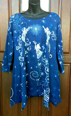 COLLECTIONS ETC. TUNIC BLUE SEQUIN SZ M 3/4 SLEEVE COTTON ANGELS SHARK BITE HEM