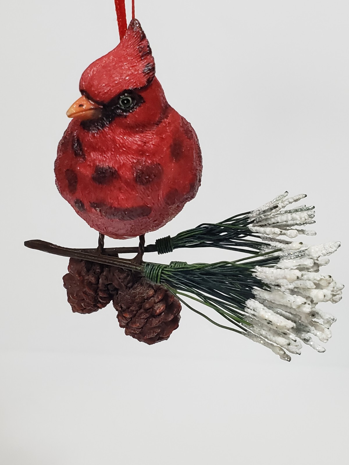 Red Cardinal Christmas Ornament 4 Inch Pine Cone Branch Decor