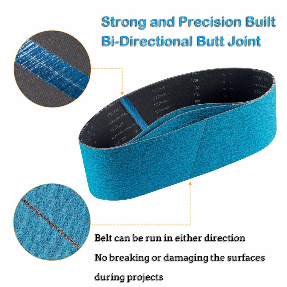 SATC 6" X 48" PREMIUM Blue ZIRCONIA SANDING BELTS, 3 PACK! 36, 60, 120