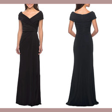 NWT $389 La Femme [ 6 ] V Neck Ruched Jersey Column Gown in Black #Q868