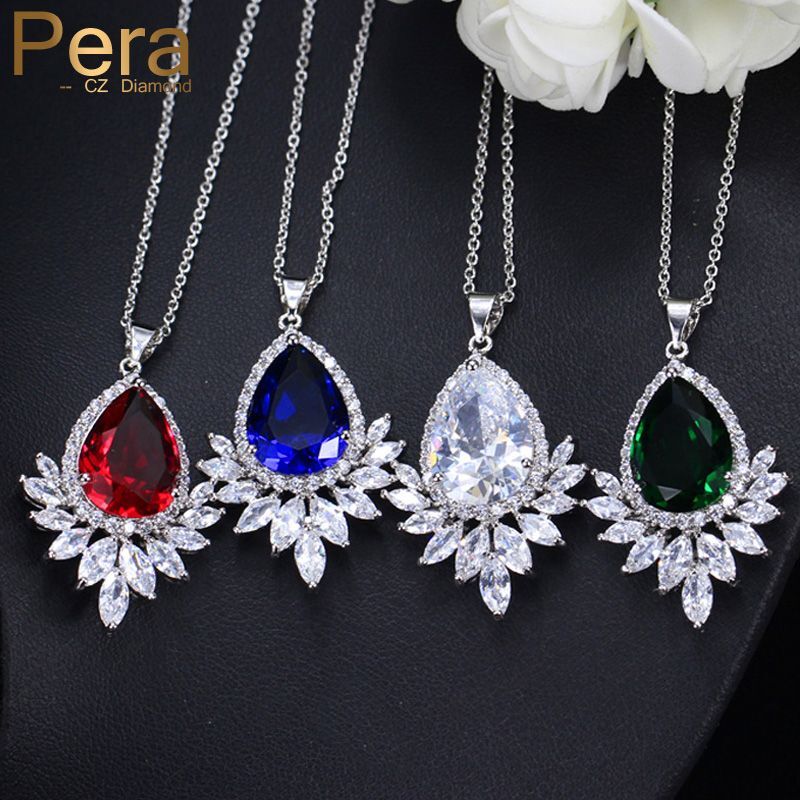 Water Drop Pendants Neklaces-Zirconia Crystal Silver Color