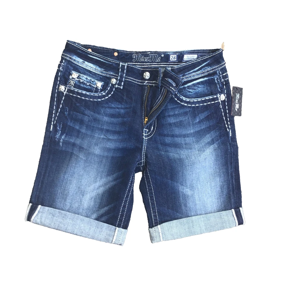 Bermudas Miss Me Boyfriend JB5014M51 Talla 28 Denim Solapa Azul Mujer NUEVO CON ETIQUETAS