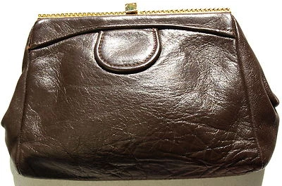 Trousse À Maquillage Vintage En Cuir Marron Et Or - Photo 1/2