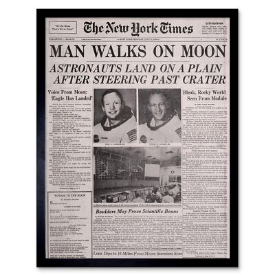 Vintage Weltraumzeitung Mond Aldrin Armstrong 12 x 16 Zoll gerahmter Kunstdruck