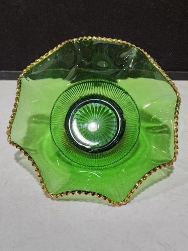 Antique EAPG US Glass Green and Gold Colorado Round Ruffled 10" Footed Bowl - Picture 5 of 6
