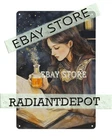 Woman Studying Potion Tin Sign Mystic Study Scene Apothecary vintage style
