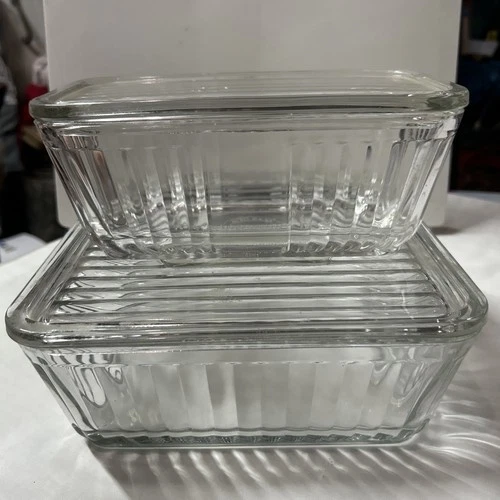 2- Vintage Anchor Hocking 1932 Design Ribbed Refrigerator Baking Dish WITH Lid