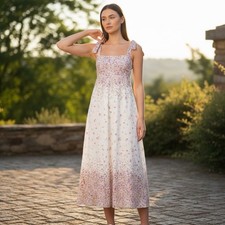 Zimmermann Carnaby Linen Midi Dress Size 1 / AU 10 / US 6 White Pink Floral