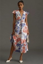 Anthropologie Farm Rio Printed Ruffle Sleeve V Neck Blue Red Cotton Midi Dress M