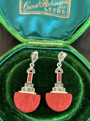 Silver Sponge Coral and Marcasite Art Deco Style Drop Earrings 925 Sterling - Image 1 of 3