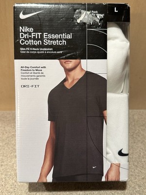Men's Nike Dri-Fit Essential Cotton Stretch Slim V-Neck White Undershirts 2 Pack