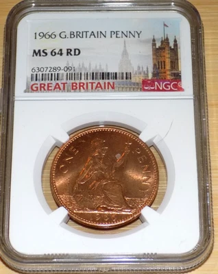 1966 GREAT BRITAIN NGC MS 64 RD BRITISH UK 1/2 Penny MS64 Certified Graded Coin  - Image 1 of 4