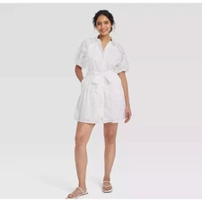 Eyelet Balloon Short Sleeve Mini Shirt Dress Sz XL White NWT A New Day 