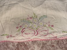 Handmade Pillowcases, 2 pc Standard Size, Colorful Embroidered Flowers and Bow