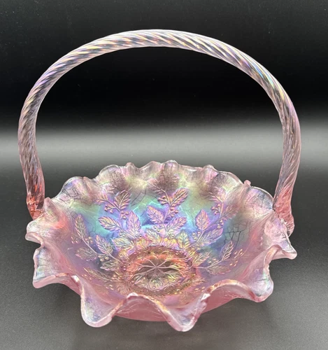 Fenton Pink Iridescent Stretch Glass “Holly Berry” Basket – 9”H – Handcrafted