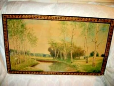 Folk Art Oil Painting Wood Crate Primitive Landscape Birch Trees HP Deco Frame