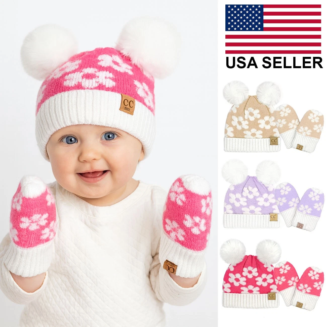 C.C Baby Infant Soft Warm Daisy Floral Knit Pom Pom Beanie and Glove Set