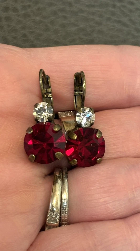 Mariana Earrings Red Siam Made With Swarovski Crystals Leverback Drop Dangle - Image 2 of 4