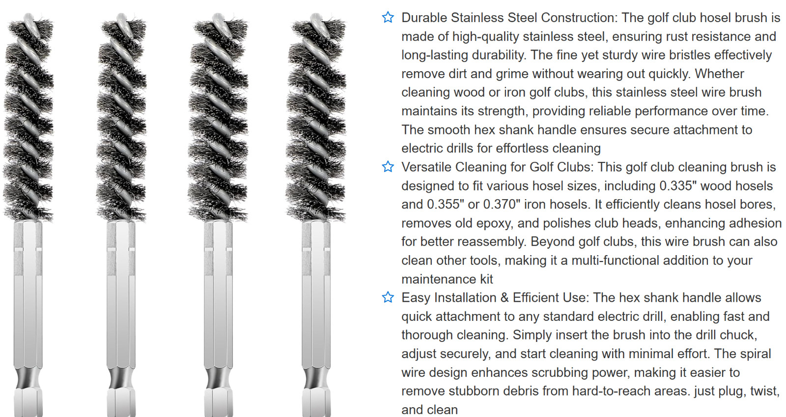 4 Pack Golf Club Hosel Brush, Stainless Steel Wire Brush Cleaning Tool with Hex 
