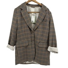 H M Blazer Women Small Brown Houndstooth Oversized Plaid Jacket NWT Classic