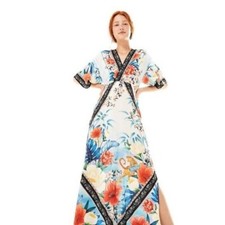 FARM RIO Women CutOut Kimono Floral Jungle Maxi Dress V Neck Blue White Size 0P