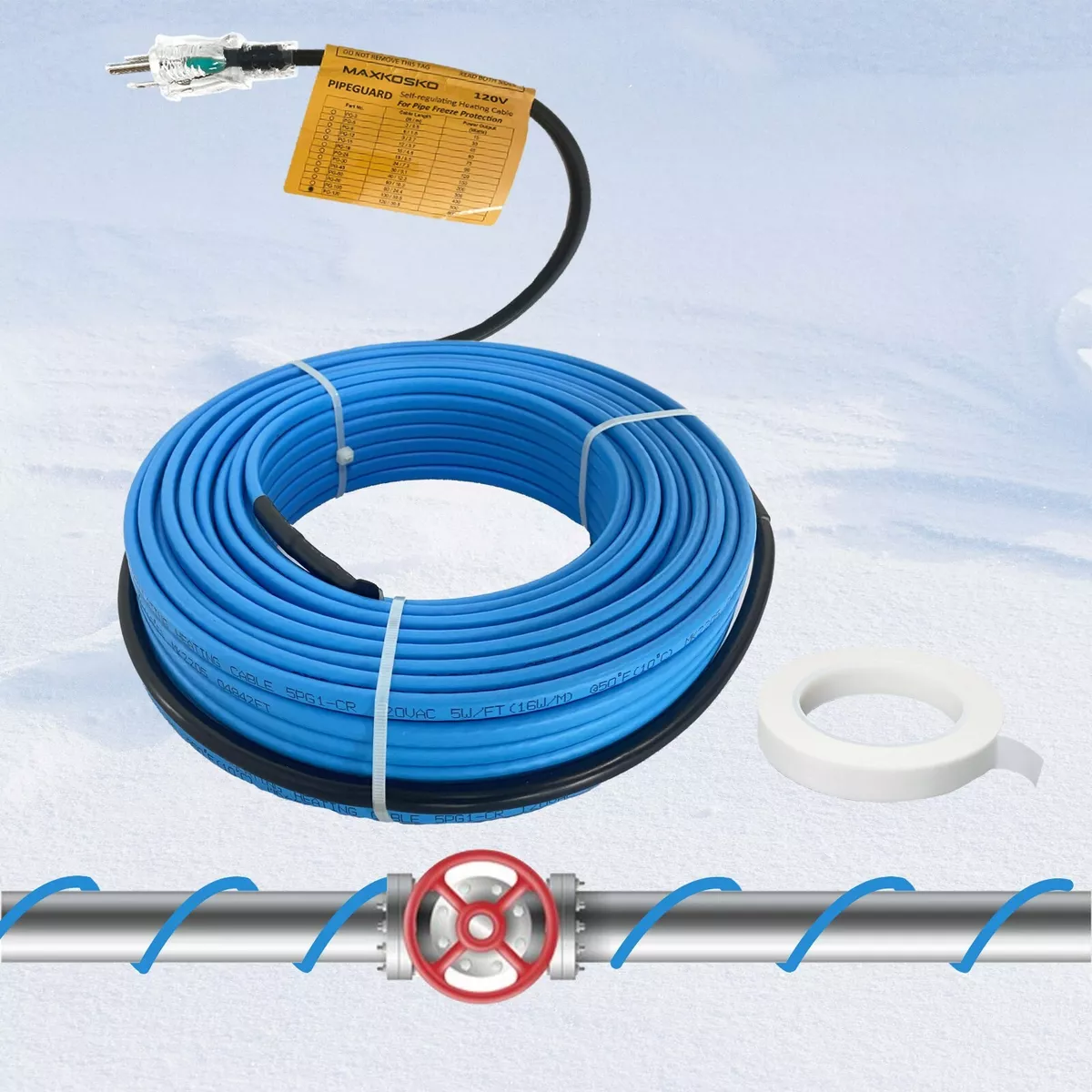 12FT Self-Regulating Water Pipe Heat Tape for Freeze Protection