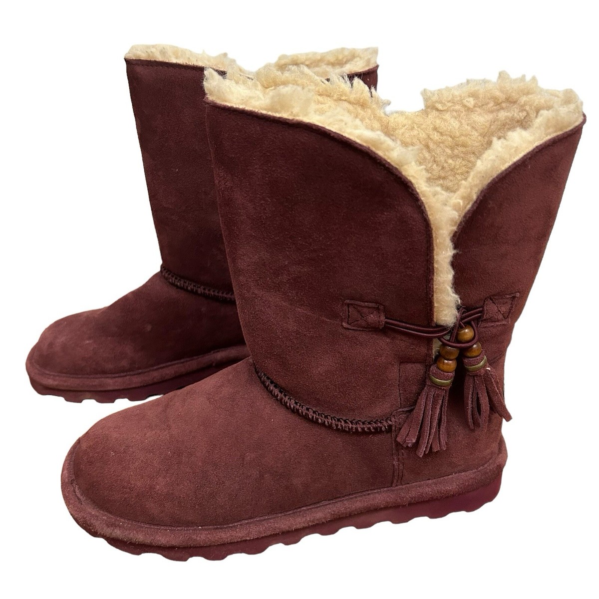 Bearpaw Marianna Suede Tassel Boots Burgundy Sheepskin Wine US