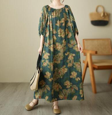 Womens Fashion Summer Round Collar Loose Flowers Cotton Linen Dress Beach  Maxi | eBay