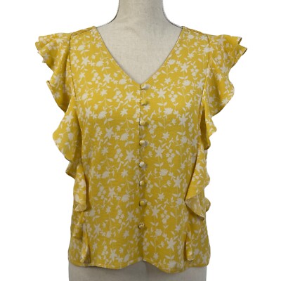 BB Dakota Blouse All The Frills Ruffle Crepe V Neck Yellow Floral Womens Small