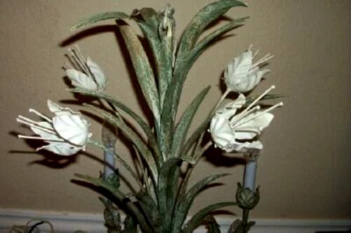 Italian Tole Hollywood Regency Chandelier Swag Lamp Tulips Verde Gris Italy Tag - Image 4 of 4