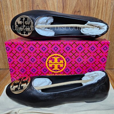 TORY BURCH Women's Claire Ballet Goat Leather Flat ~ Black/Gold ~ Size 5 6