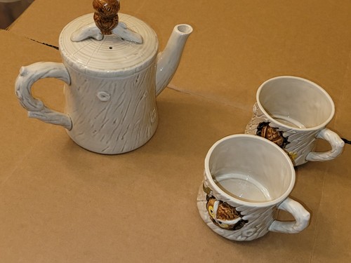 Vintage 1977 Enesco Owl Tea for Two Stackable Tea Pot & Two Mugs E-9202 - Picture 3 of 11
