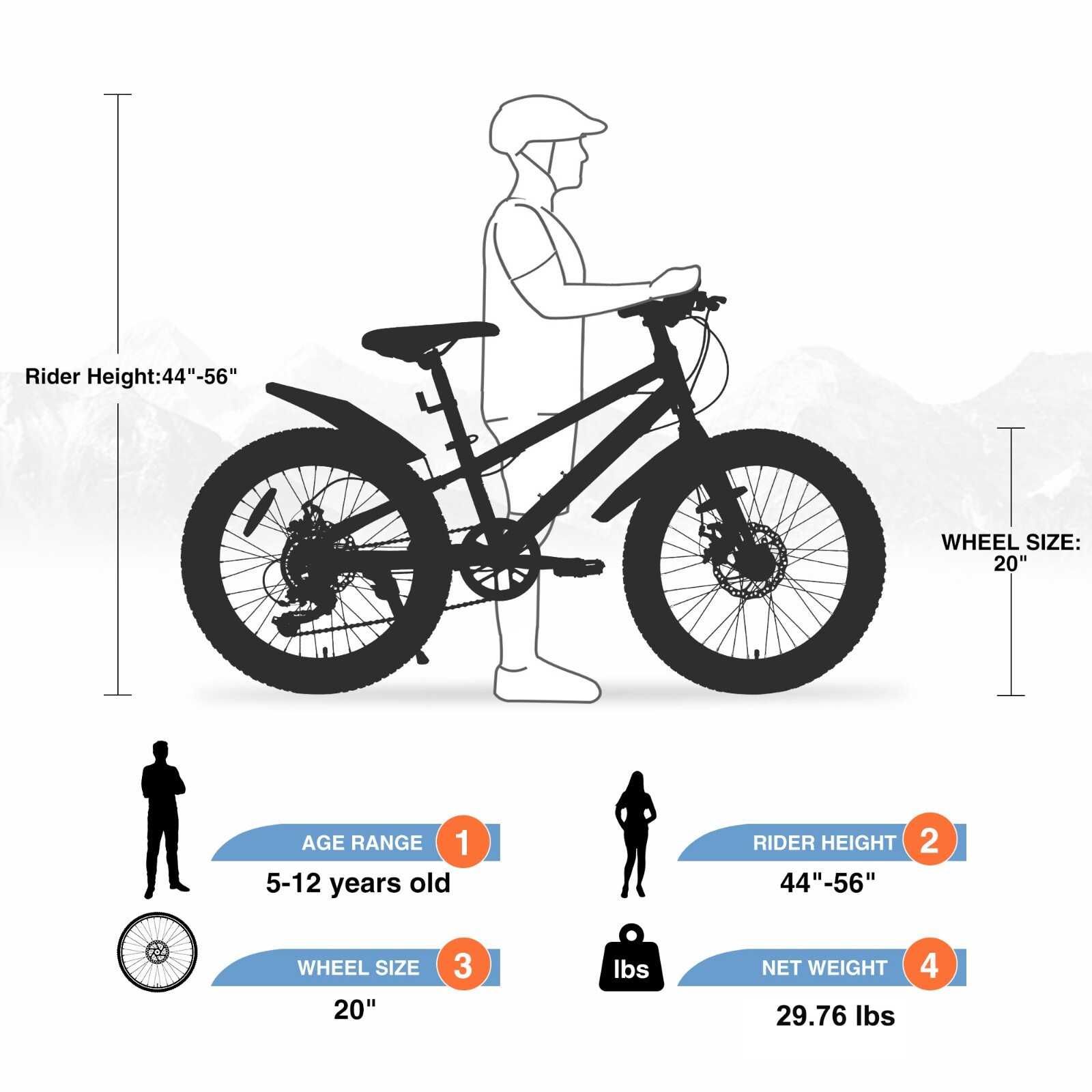 Mountain Bike 20 Inch 3" Wide Fat Tire Snow Mountain Bikes 7 Speeds Kids Bicycle