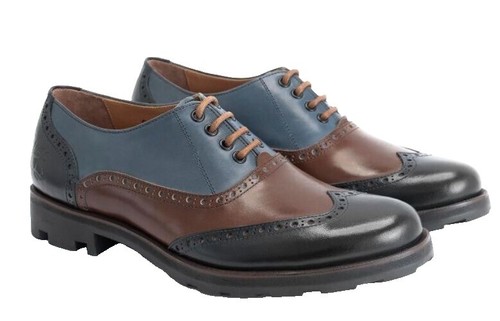John Fluevog Andrew Black & Blue Wingtip Chunky Angel Brogue 