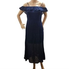 Reformation Off The Shoulder Ruffle Midi Dress in Navy Blue