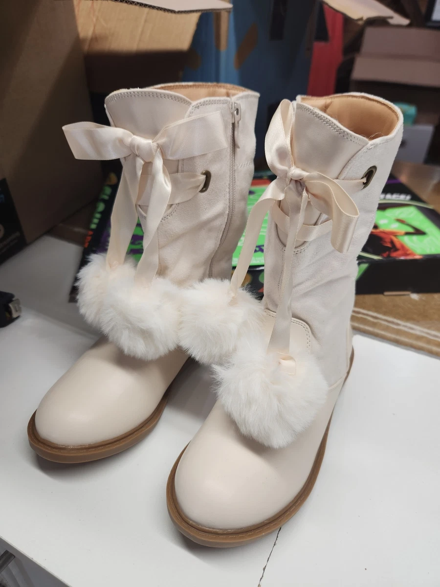 ZBY Cream Coutgo Girls Mid Calf Boots Satin Toddler Riding Shoes Size 1
