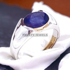 Blue Sapphire Oval Cut Gemstone With 14K Solid White Gold Ring For Men's A233